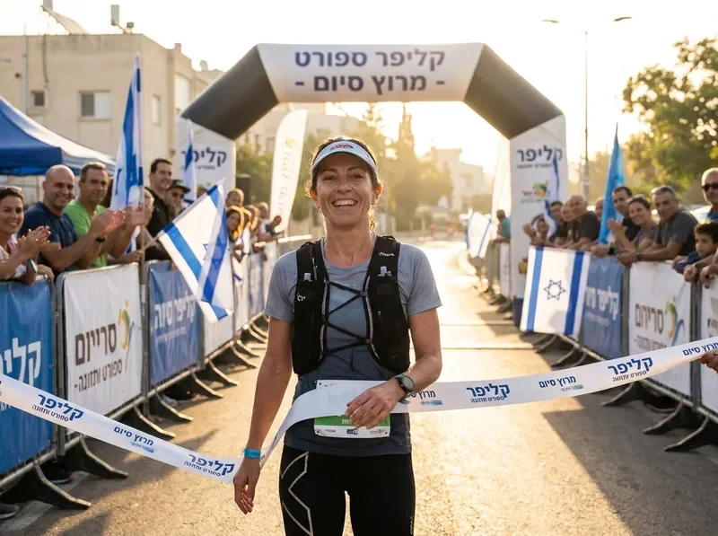 מתאמנת קליפר חוצה קו סיום בתחרות טריאתלון