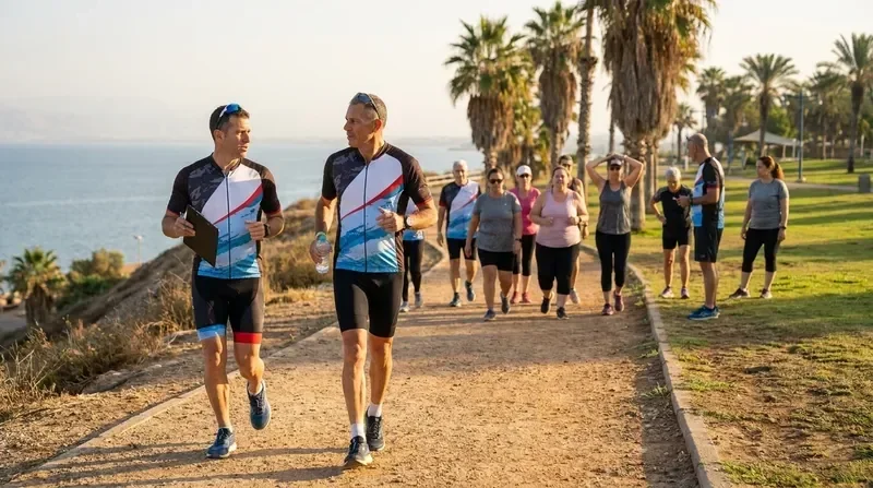 מאמן קליפר ספורט מלווה קבוצת ספורטאים באימון בוקר
