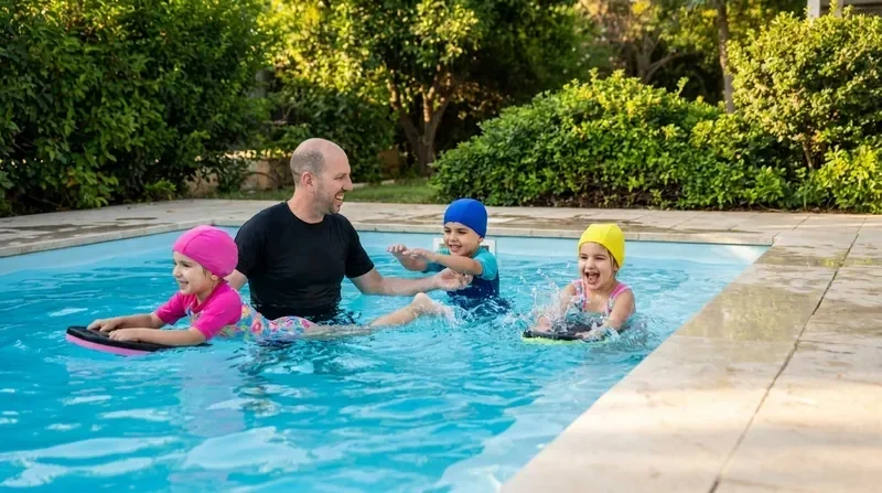 ילדים לומדים שחייה בבריכה פרטית שקטה עם מאמן מוסמך